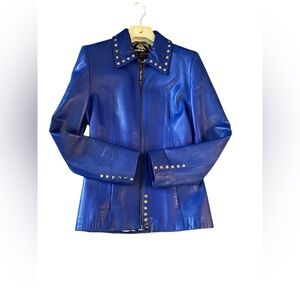 ST. JOHN leather Coat Collection. Tailored fit, Royal blue, soft glove leather.